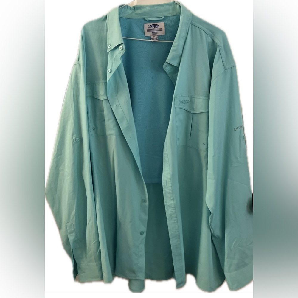 AFTCO Aqua Blue Long Sleeve Button Down Vented Fishing Shirt, Size 2X